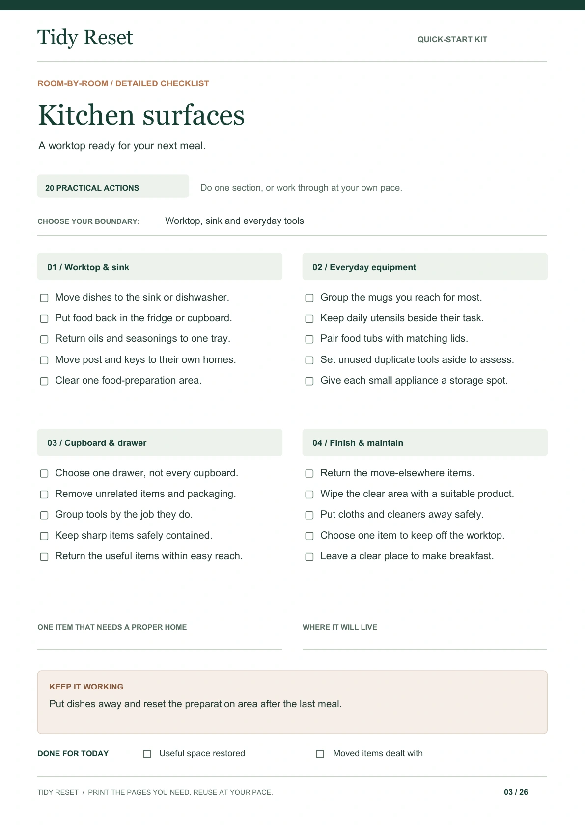 Actual Kitchen surfaces page from the included Quick-Start Kit