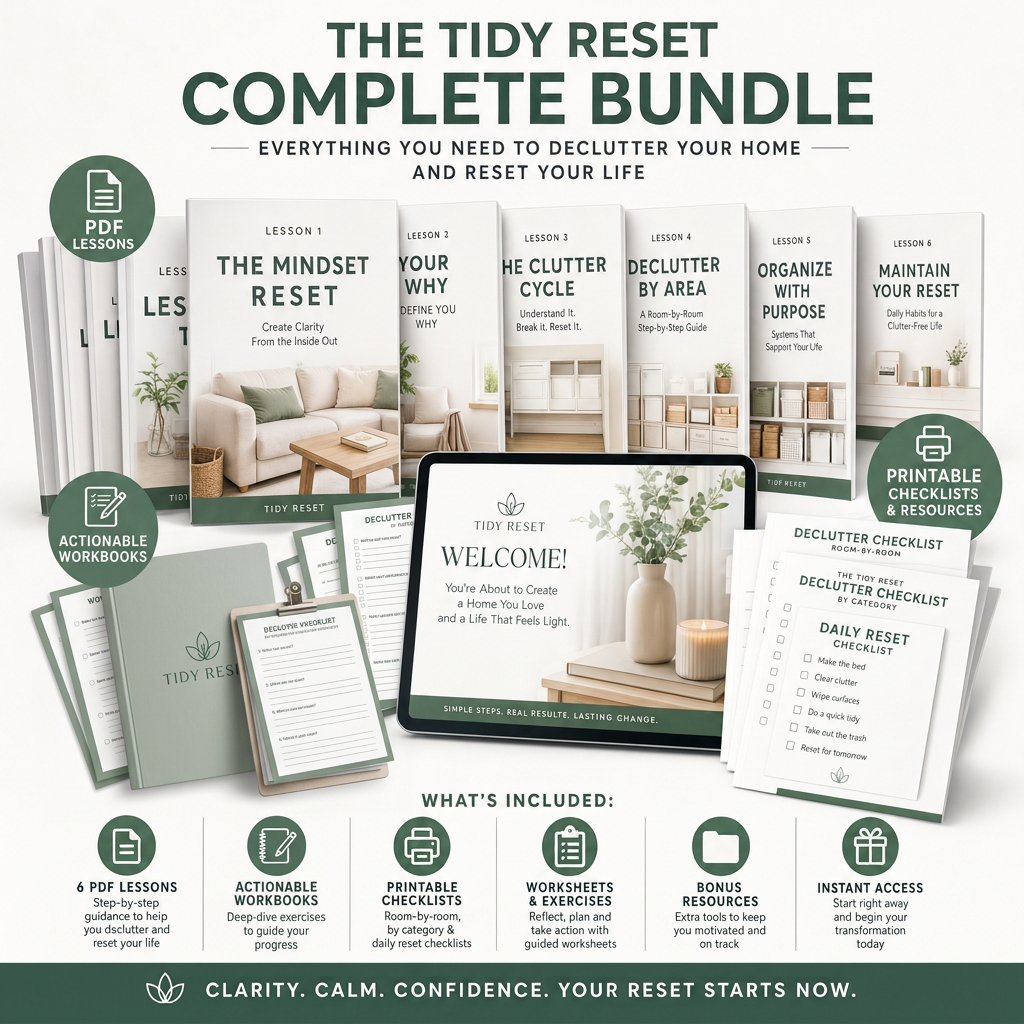 The Tidy Reset Complete Bundle with PDF lessons, actionable workbooks, printable checklists and worksheets