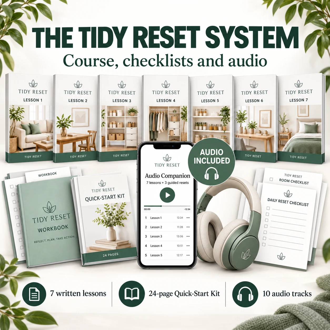 Tidy Reset System with seven written course lessons, printable checklists, the 24-page Quick-Start Kit and included Audio Companion shown on a phone with headphones