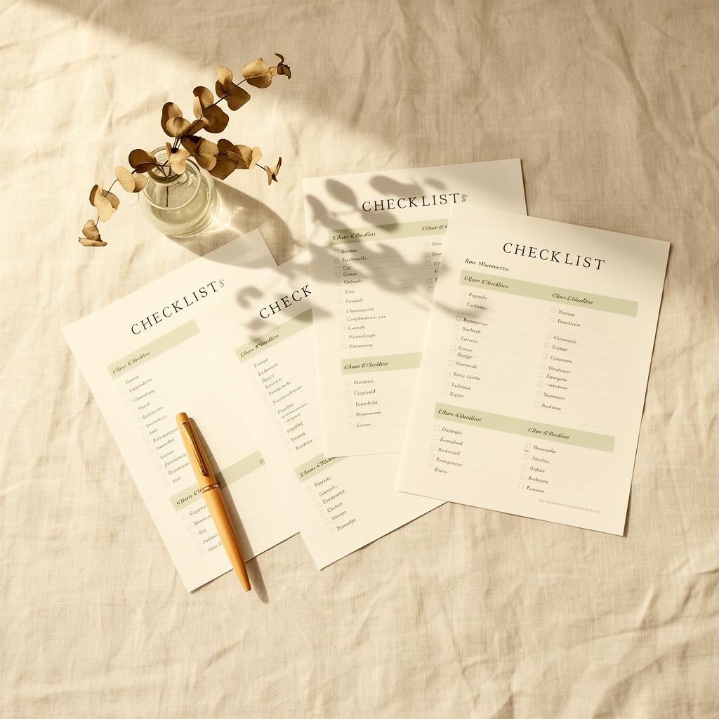 Printable checklists and worksheets laid out on a calm workspace